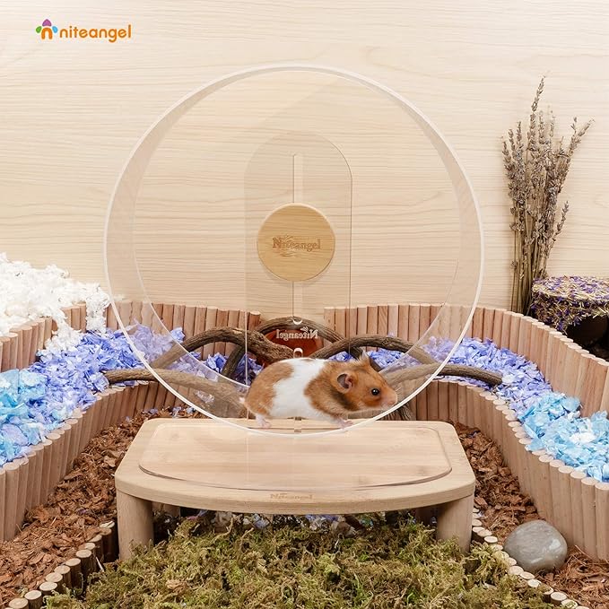 Niteangel Silent Hamster Exercise Wheel - Dual-Bearing Quiet Spinning Acrylic Hamster Running Wheel for Hamsters, Gerbils, Mice, Degus, or Other Small Animals (Large - Wider Version)