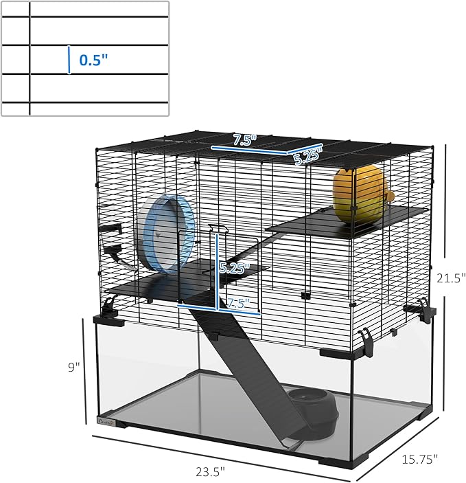 PawHut Large Hamster Cage with Deep Tempered Glass Bottom, 3 Tiers Hamster Tank with Running Wheel, Hut, Water Bottle, Dish, Rat Cage for Syrian, Dwarf, Gerbils, Mouse, 23.5" x 16" x 22.5", Black