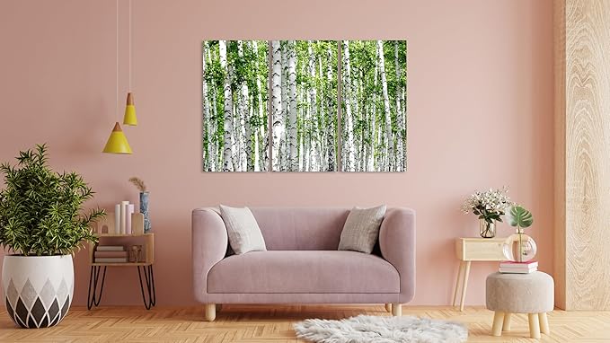 Nature Wall Art Prints - Ocean Forest Mountain Lake Canvas Landscapes - Small to Extra Large Living Room Bedroom Kitchen Bathroom Décor (Green Brich Trees, 35L" x 53W" - 3 Panels)