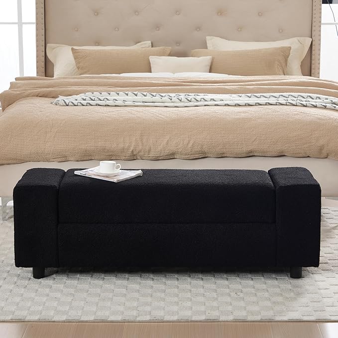 Teddy Storage Ottoman Bench,55 Inch Upholstered Boucle Comfy Sherpa End of Bed Bench with Large Storage for Bedroom/Living Room/Entryway/Closet(Black)