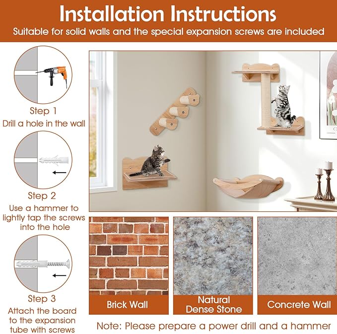 Tangkula Cat Wall Shelves, Wall Mounted 4pcs Kitten Furniture Set with Hammock, 2-Step Kitty Tree, Perch, Non-Slip Carpet Mat, Sisal Stairs & Scratching Posts, Wooden Cat Climber Steps (Natural)