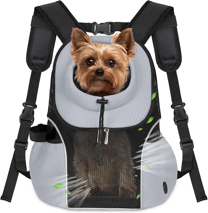 WOYYHO Pet Dog Carrier Backpack Small Dog Front Backpack Ventilated Mesh Dog Travel Back Pack with Safety Belt for Travel Hiking Cycling Outdoor Use (L (10-14 lbs), Grey)