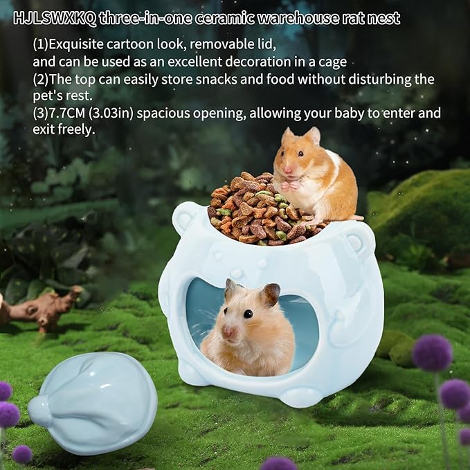 3-in-1 Bear Shaped Ceramic Hamster House - Cool House for Syrian Dwarf Hamsters, Mice, Gerbils， Small Pets, Top for Hamster Food, Removable Lid for Ice Packs, Cute Cool Hideout for Summer（Blue）