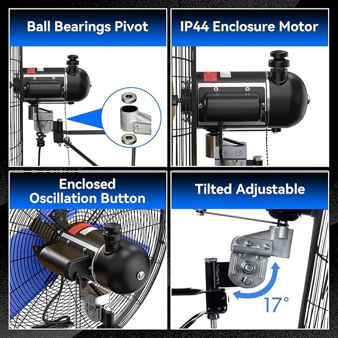 Pro 9500 CFM 24" Outdoor IP44 Waterproof Wall Mount Fan, 3-Speed Oscillating Metal Fans with Enclosure Motor, Heavy Duty Wall Fan for Patio, Warehouse, Garage, and Jobsite