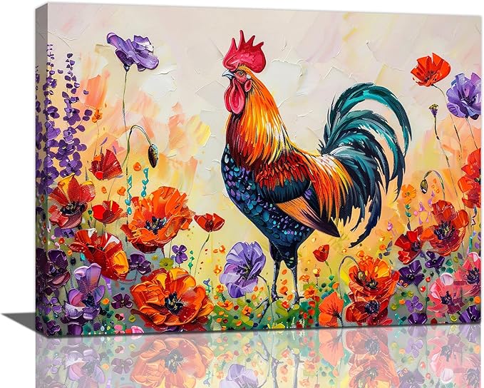 Rooster Wall Art Flower Poppy Canvas Living Room Pictures Framed Prints Colorful Floral Large Wall Decor Animal Painting Artwork for Bedroom Dining Home 16"x12"