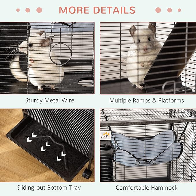 PawHut Metal Small Animal Cage, 4-Tiers Rolling Big Ferret Cage with Hammock, Removable Tray, for Chinchilla, Sugar Glider, Gray