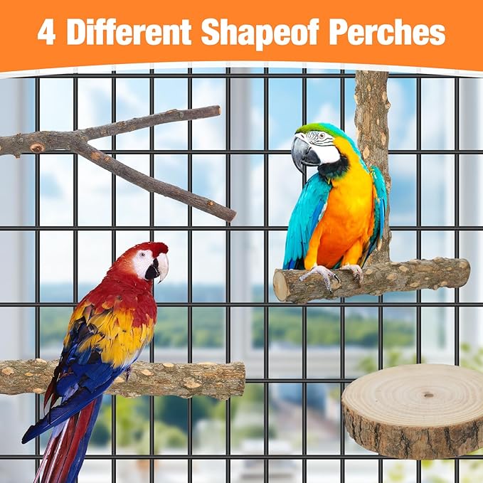 Bird Perch Stand, Pole Standing Natural Wood Bird Perch Set 7PCS Paw Grinding Fork Parrot Cage Branch with Rope Cage Accessories Toys for Parakeets, Cockatiels, Conure, Budgies
