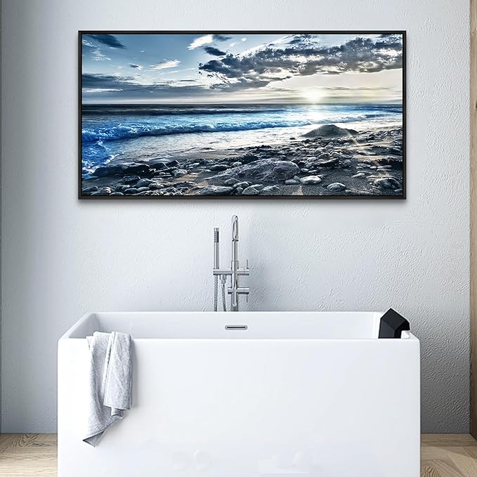 Wapluam Large Canvas Prints Wall Art For Living Room Wall Decorations For Bedroom Office Wall Decor Scenery Wall Painting Blue Sea Pictures Artwork For Fashion Black Framed Beach Posters Home Decor