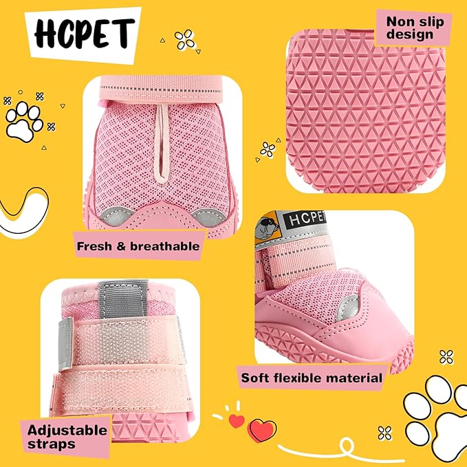 Hcpet Dog Shoes for Large Dogs, Breathable Dog Booties for Small Medium Dogs, Anti-Slip Dog Boots & Paw Protectors for Hot Pavement Winter Snow Hiking with Reflective Straps Pink Size 3