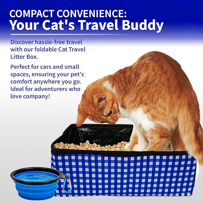 Pet Fit For Life - Vibrant Collapsible Travel Cat Litter Box - Portable, Foldable, Compact Design with Bonus Water Bowl - Ideal for Car & Camping - Reusable, Cats Safe - Blue, (16"x12"x5")