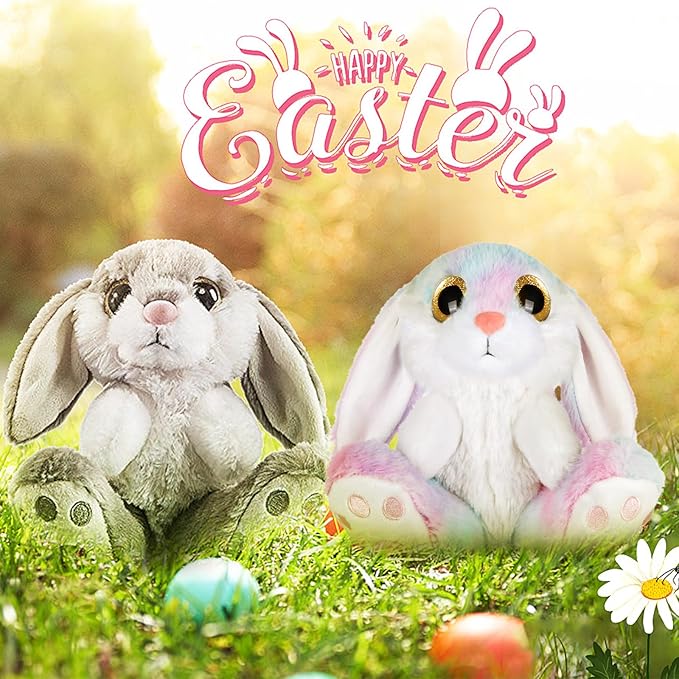 My OLi Bunny Stuffed Animal Pack of 2 Plush Rabbit 7in Stuffed Bunny with Floppy Ear Bedtime Friend Soft Toy Gifts for Girls Boys Kids, Gray & Rainbow