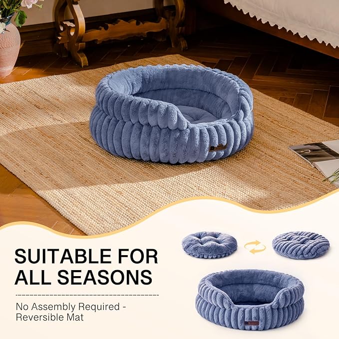 MEWOOFUN Cat Beds for Indoor Cats, Washable Dog Bed for Small Dogs, Round Pet Bed for Puppy and Kitten with Anti-Slip Bottom (Blue, 20"x20"x8")