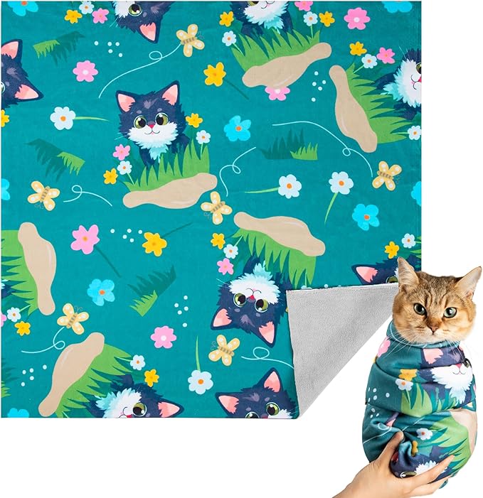 Cat Grooming Wrap, Cat Wrap for Cutting Nails, Self-Adherent Fabric Wrap for Cats, Cat Burrito Wrap Anti-Scratch, Anti-Escape, Multifunctional Swaddle Wrap Pet Tool 35.4×35.4"