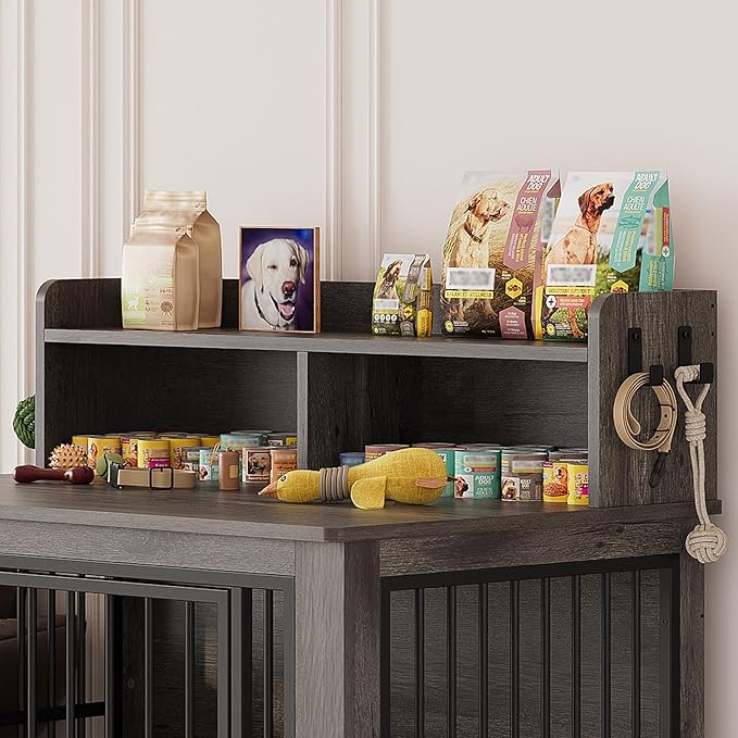 IRONCK Extra Large Dog Crate Furniture, 43.3 inches Wooden Dog Crate with Storage and 4 Hooks, Heavy Duty Pet Crate for Large Dog, Decorative Pet Cage for Indoor (30" L x 43.3" W x 41.1" H)