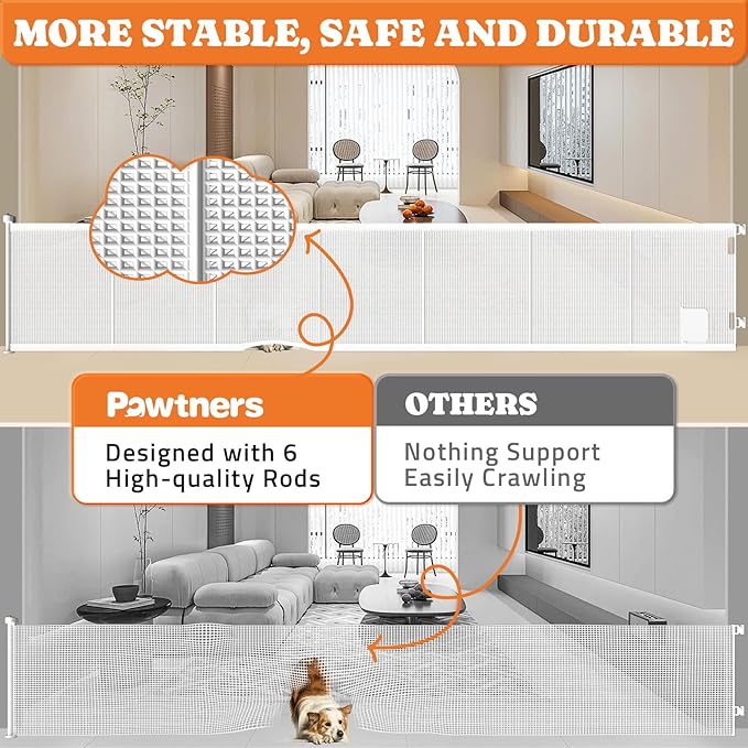 Pawtners Retractable Baby Gates Extra Wide, 41" Tall Extends up to 120" Wide, Dog Gate Indoor with Cat Door for Stairs, Pet Gate with Support Rods for Doorways Hallways Indoor & Outdoor-White