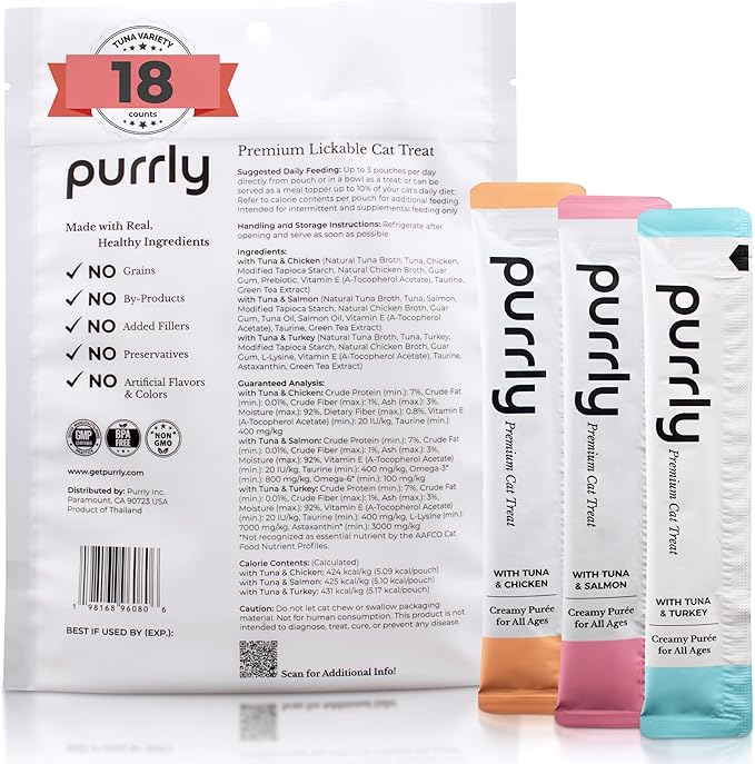 Purrly Cat Treat Snack Wet Lickable Low Calorie Healthy Grain-Free Tuna Variety Packs (18 Count) Squeezable Creamy Purée with Human-Grade Proteins and Functional Nutrients No-Artificial-Additives