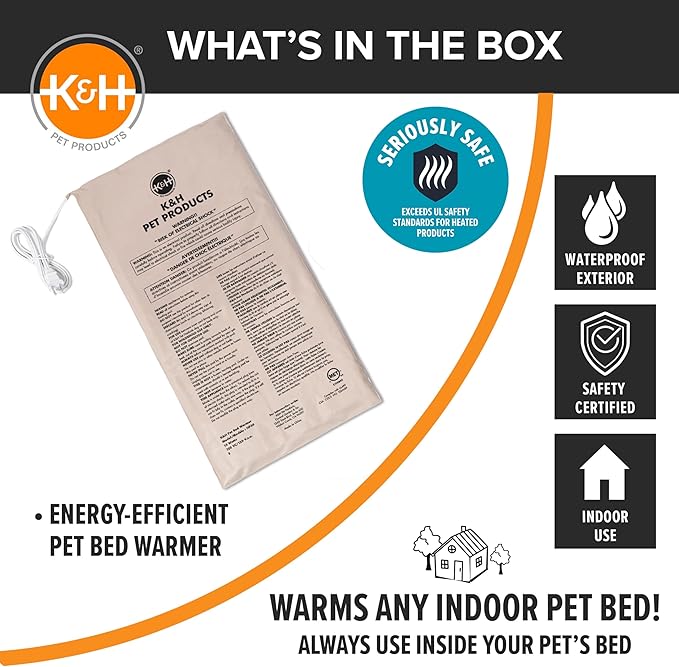 K&H Pet Products Pet Bed Warmer, Turn Any Pet Bed Into a Heated Cat or Dog Bed, Waterproof Indoor Heated Warming Pad Insert, Automatic Temperature, Safety Listed - Large 23.75 X 11in Tan