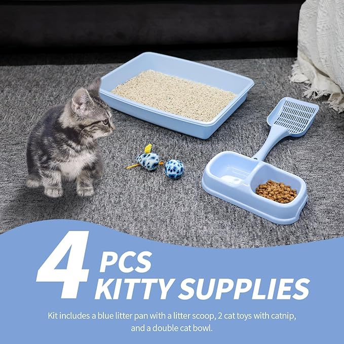 PAWISE Cat Litter Box Set, Small Cat Kitten Starter Kit, Include Cats Toilet Kitten Litter Pan, Cat Litter Scoop, Double Dish Cat Bowl, Cat Mouse Toy, Cat Ball Toy