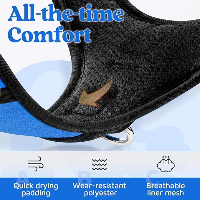 rabbitgoo Dog Harness Medium Sized, No Pull Dog Vest with 3 Buckles, Adjustable Soft Padded Pet Harness with Easy Control Handle and Reflective Strips, Blue, M