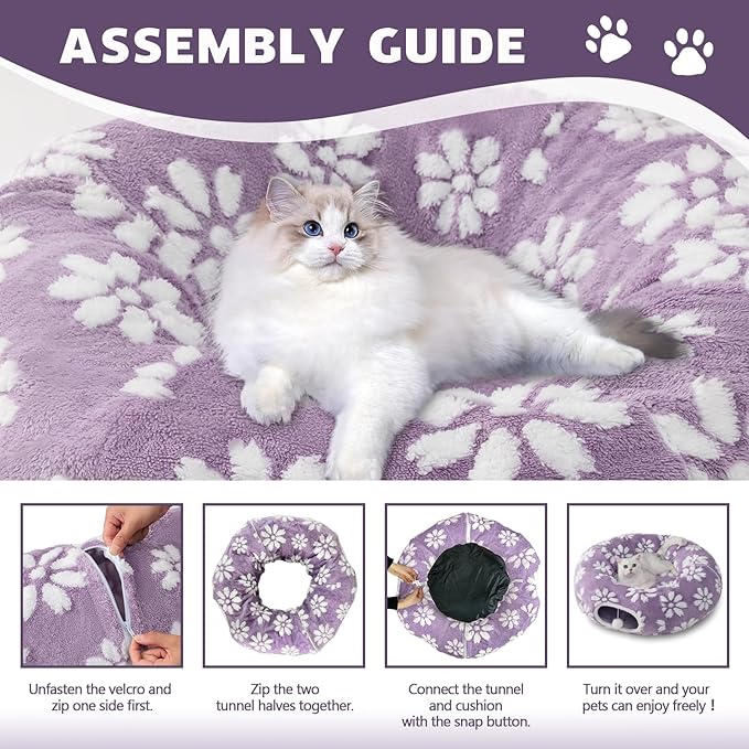 Cat Tunnel for Indoor Cats, Cute Peekaboo Cat Cave with Dangling Balls, Pet Donut Tunnel Bed with Circle Mat for Puppy Kitten Rabbit, Purple