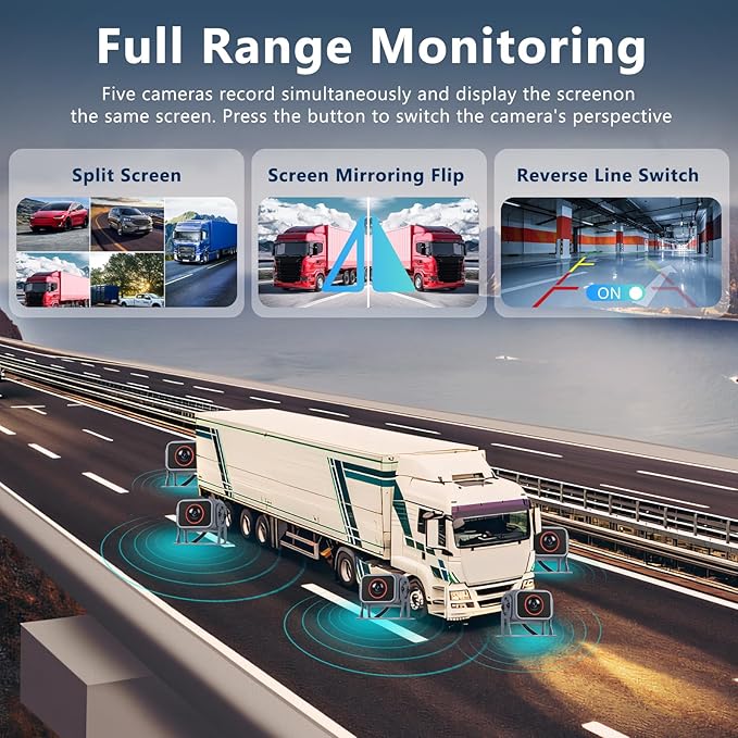 Hodozzy Backup Camera Monitor System,10.1 Inch IPS Reversing Monitor, 5 Split Screen with Five Waterproof Camera,IP68 Waterproof,Night Vision, Hard-Wired Backup Camera for Trucks/Bus/Trailer/RV