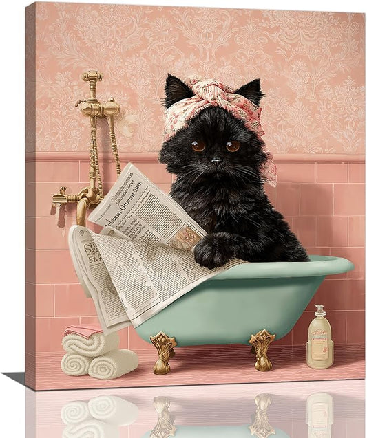 Cat Bathroom Wall Decor Black Cat Reading Newspaper in Bathtub Canvas Wall Art Funny Bathroom Pictures Kitten Painting Print Pink Artwork Framed Decorations Gifts 24"x20"