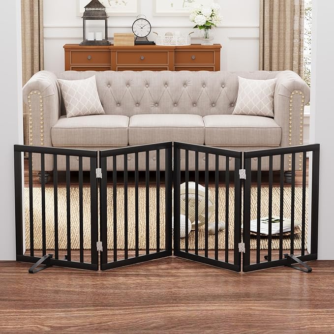 Black 37-74" Dog Gate Foldable Dog Gates for Doorways Stairs House Freestanding Pet Gate Puppy Barries 24 inches Tall