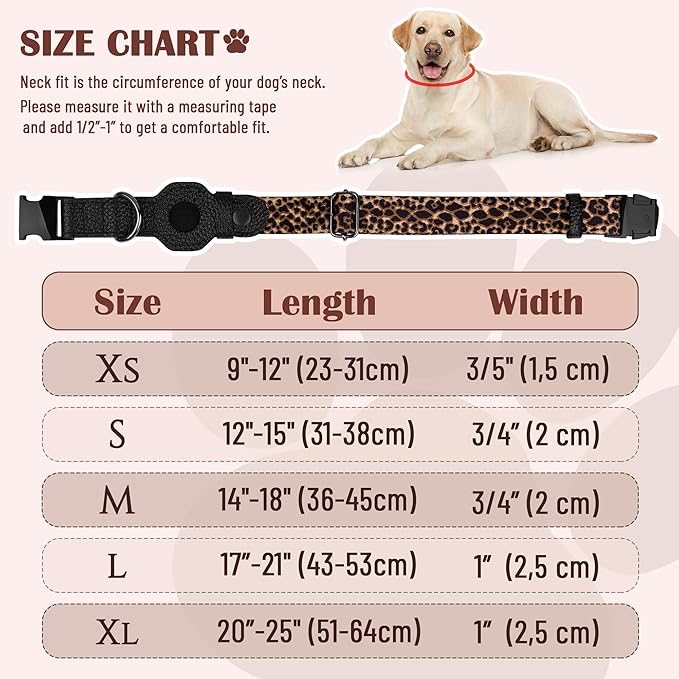AirTag Dog Collar for Small Medium Large Breed - Adjustable Cute Pattern Dog Collar with Airtag Holder - Soft Leather Tracker GPS Apple Air Tag Pet Collars (Medium, 14"-18" Neck Fit, Leopard)
