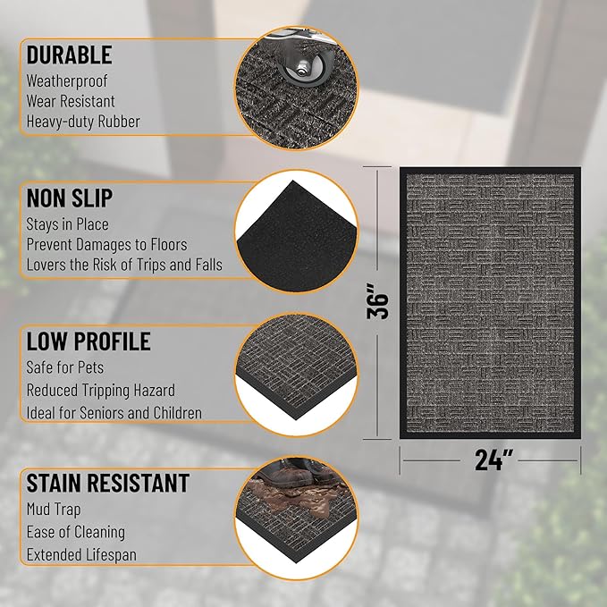 Indoor/Outdoor Hose-Wash Embossed Design Non-Slip Rubber 2x3 Modern Entryway Mat for Entryway, Patio, Backyard, Garage, 24" x 36", Black