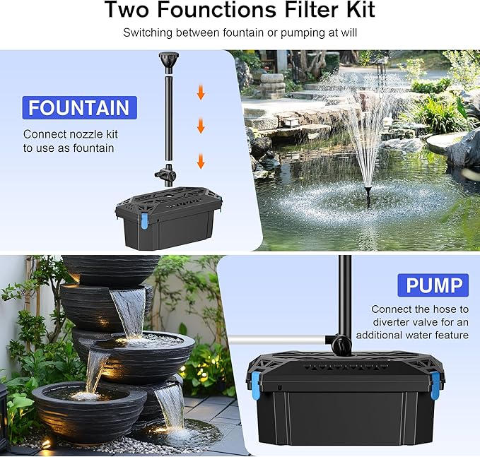 NFESOLAR Pond Filter with Fountain Pump Kits, 660GPH Pond Filter Fountain with Colorful Lights, Multi-Layer Filtration, for Outdoor Ponds Up to 2000 Gallons, Fish Tank, Waterscape - Corded Electric