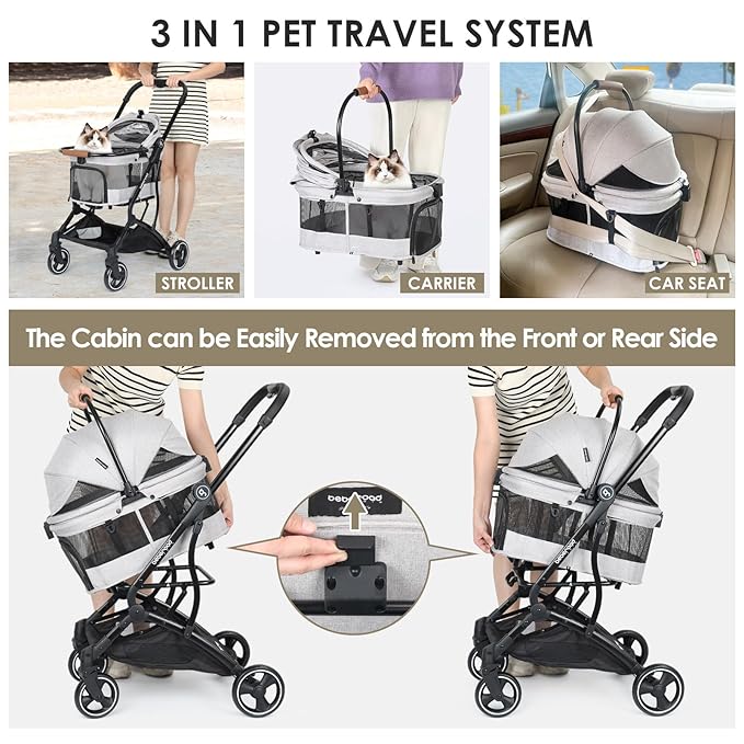 T3 3 in 1 Small Pet Stroller for Dogs & Cats, 4 Wheels for Dogs with Detachable Carrier with Pad, Canopy and Cup Holder, Grey