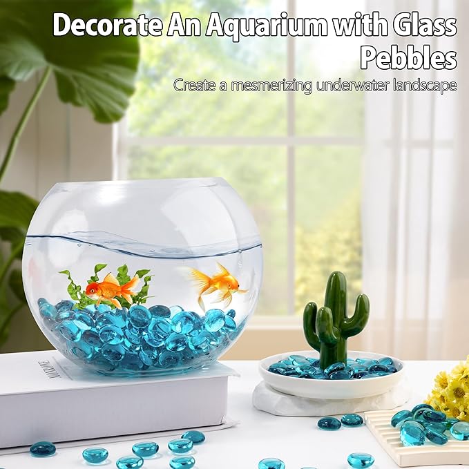 Sea Blue Glass Marbles, 0.97 LB Transparent and Smooth Flat Glass Beads for Vases, Mosaic Gem Pebbles for Aquarium Decor, Floral Arrangements, Mancala Stones, Vase Filler and Crafts,Approx. 80-100 PCS