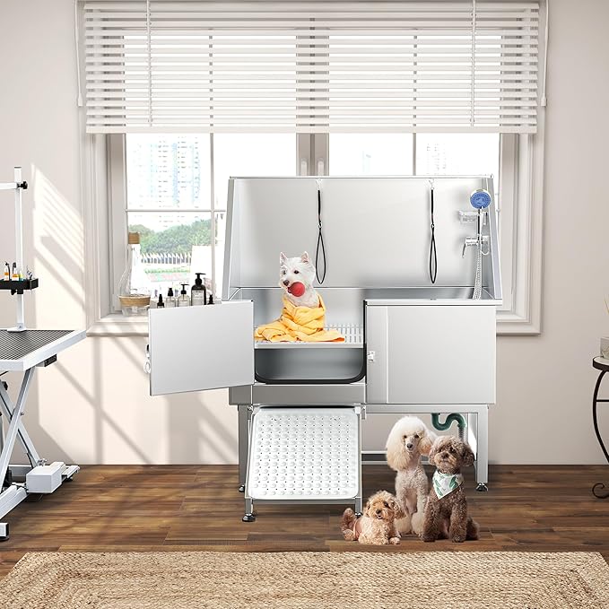 YITAHOME 50in Dog Grooming Tub Bathtub for Home 304 Stainless Steel Professional Dog Bath Washing Station w/Left Ramp, Faucet, Floor Grate for Large, Medium, Small Pets