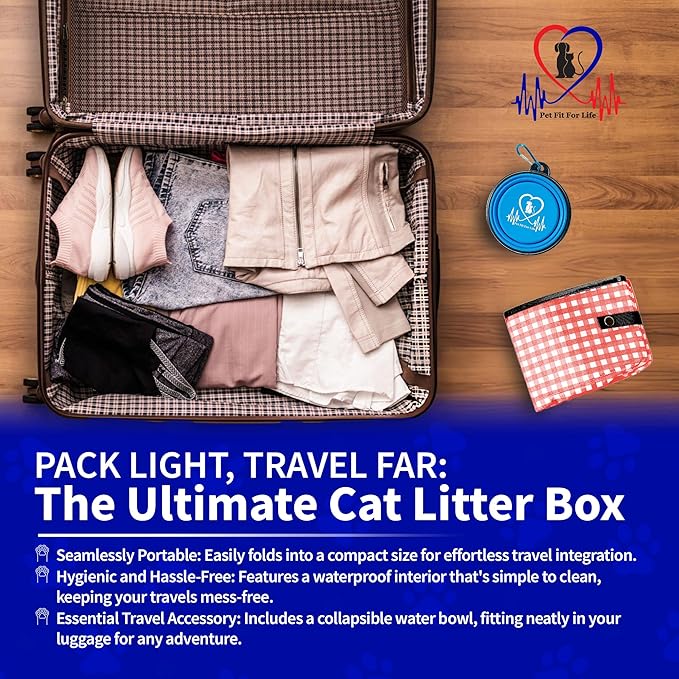 Pet Fit For Life - Vibrant Collapsible Travel Cat Litter Box - Portable, Foldable, Compact Design with Bonus Water Bowl - Ideal for Car & Camping - Reusable, Cats Safe - Coral, (16"x12"x5")