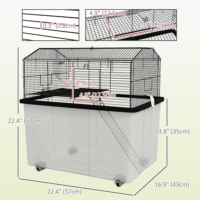 PawHut Hamster Cage, Gerbil Cage 2 Tier with Wheels, Deep Bottom, Ramp, Food Dish, Water Bottle, for Dwarf Hamster, Syrian Hamster, 57 x 43 x 57cm - Black