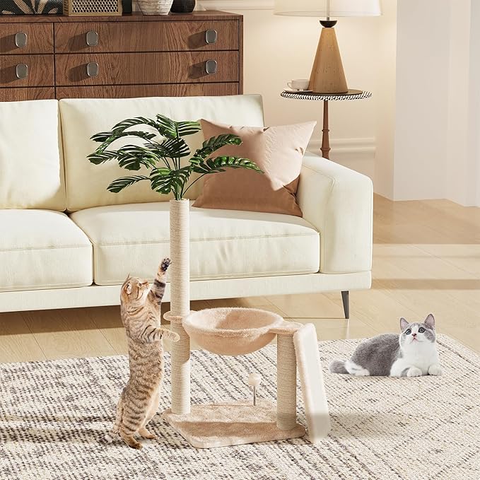 Small Cat Tree, Green Cat Tree with Scratching Post, Hammock Toy Ball and Palm Leaves for Kittens, Cat Tower for Indoor