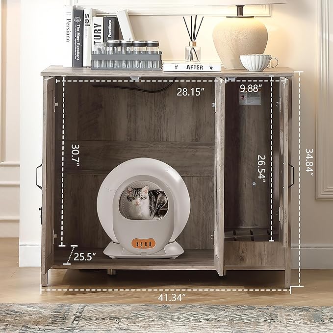 Cat Litter Robot Enclosure, Automatic Litter Box Enclosure for Litter Robot 3/4,Cat-Exclusive entrace for Dog Proof and Fun,Charging Station for cat Litter Cabinet,Litter Collector and Lock,Grey
