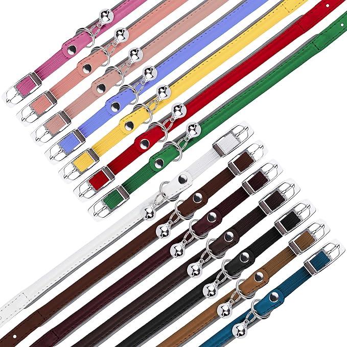 OOPSDOGGY Rolled Leather Cat Collar with Bell, Reflective Kitten Collars with Buckle Include Safety Elastic Strap - Adjustable Small Pet Collars for Boy Girl Cats (Red)