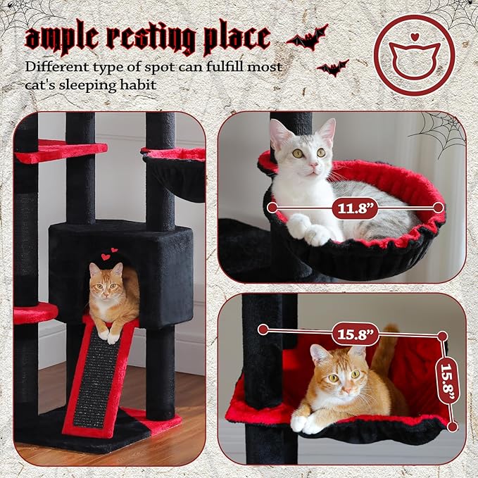 PEQULTI Tall Cat Tree, Floor to Ceiling Cat Tree Tower Adjustable [90.5''-100.4''=230-252CM] with Cat Condo, Hammock and Scratching Post, Gothic Cat Climbing Tree for Indoor Large Cats, Black