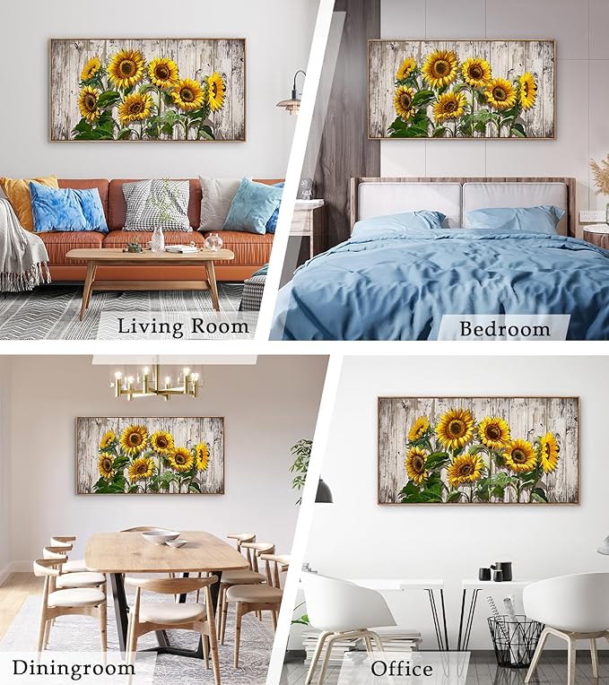 Jiuqinghua Canvas Prints Wall Art Abstract Board Paintings 1 panel Wall Art for Bedroom Rustic Sunflower Kitchen Decor Yellow Vintage Wall Decor Sunflowers Wood Grain Framed for Living Room Bedroom