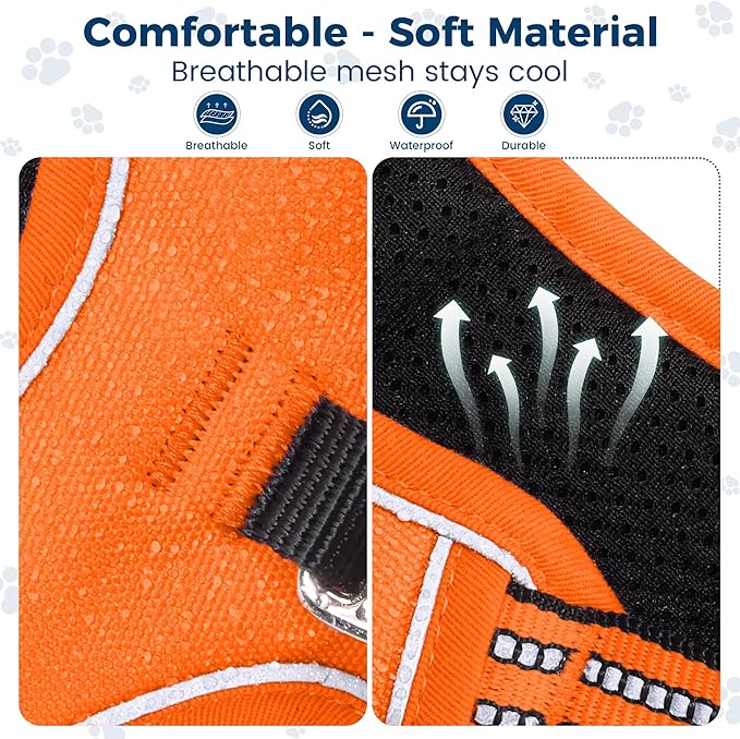 Funfox Dog Harness No Pull, Adjustable Pet Vest Harness, Super Soft Material with Vertical Handle Easy Control, Reflective Night Walking, 2 Leash Clips for Medium Sized Dogs, Orange, M