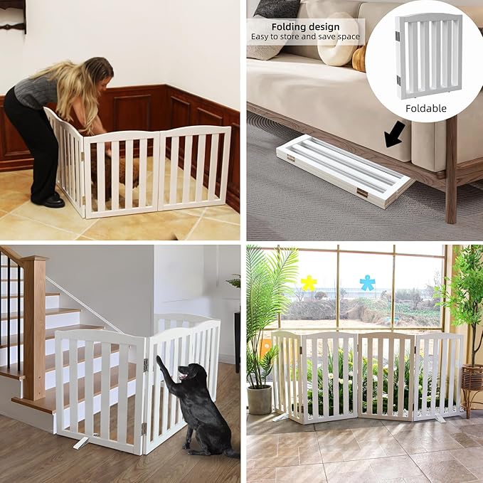 ZJSF Foldable Freestanding Indoor Dog Gate for House Wood White Long Pet Gates Dog Fence for Stairs Puppy Gates for Hallways,Pet Fence, Puppy Gate,Support Feet Included 24 "Height-6 Panels