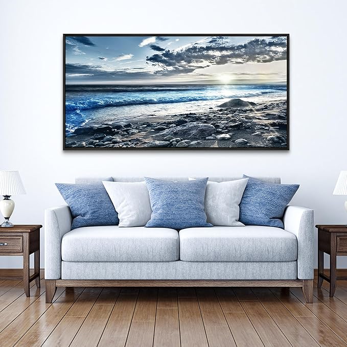 Wapluam Wall Decorations For Living Room Large Canvas Prints Wall Art For Bedroom Office Wall Decor Scenery Wall Painting Blue Sea Pictures Artwork For Fashion Black Framed Beach Posters Home Decor