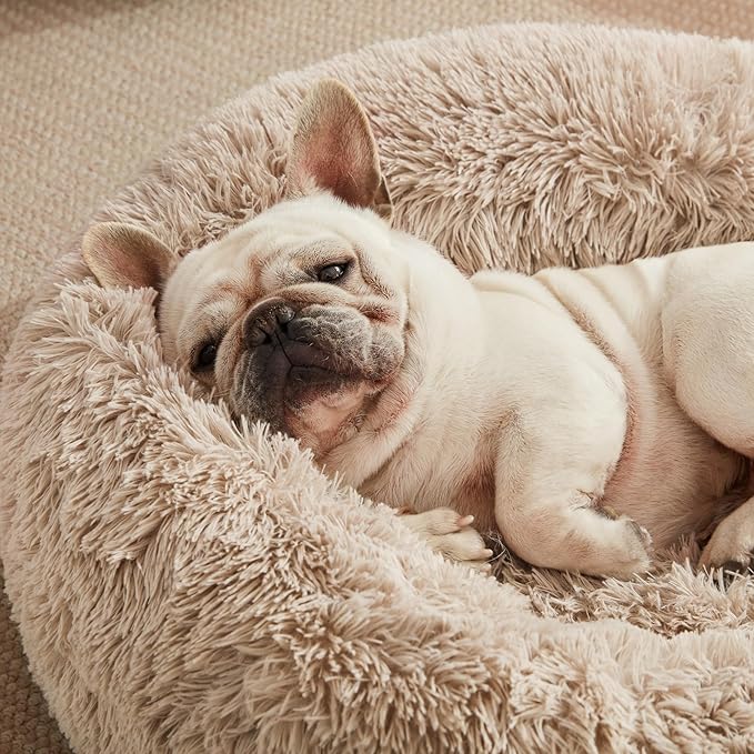 Love's cabin Calming Cat Bed for Indoor Cats,Anti-Anxiety Donut Round Dog Bed,Fluffy Faux Fur Washable Pet Bed for Small Medium Dogs and Cats,Taupe,24in