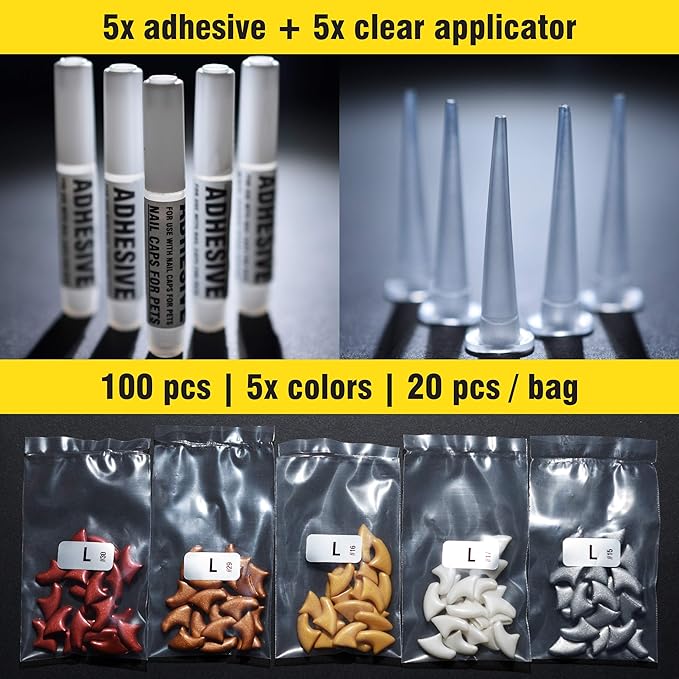 zetpo 100 pcs Cat Nail Caps | Cat Claw Covers | with Adhesives and Applicators (L, Metal Red, Bronze, Gold, Silver, Pearl White)