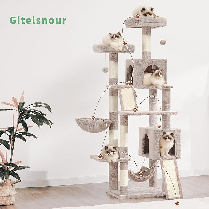 Cat Tree for Indoor Cats, 71'' (180cm) Multi-Level Cat Tower for Large Adult, Sturdy Cat Tree House with 2 Scratching Boards 7 Posts, 2 Plush Perches/Condos, Hammock, Muchroom GCT032MU