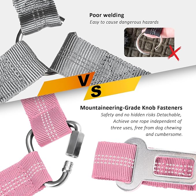 Removable Dog Seat Belt Harness for Car, 3 in 1 Pet Dog Car Seatbelt Leash, Retractable Restraint Secures to Vehicle Headrest & Adjustable Reflective Bungee Dog Seatbelt Tether, Pink