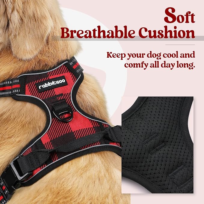 rabbitgoo Dog Harness No Pull with 2 Leash Clips, Adjustable Soft Padded, Reflective Oxford No Choke Pet Vest with Easy Control Handle for Large Dogs, Red Plaid, XL