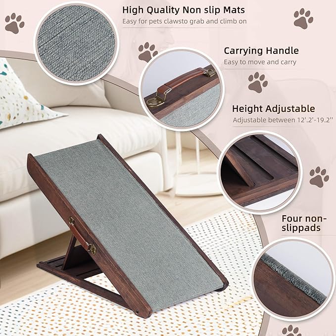 Folding Dog Ramp for Bed, Couch, Car, SUV & RV - Adjustable 4 Heights (12.2"-19.2"), 35.4" Long Wooden Pet Ramp with Non-Slip Mat & Safety Rails - Supports Pets up to 200 lbs