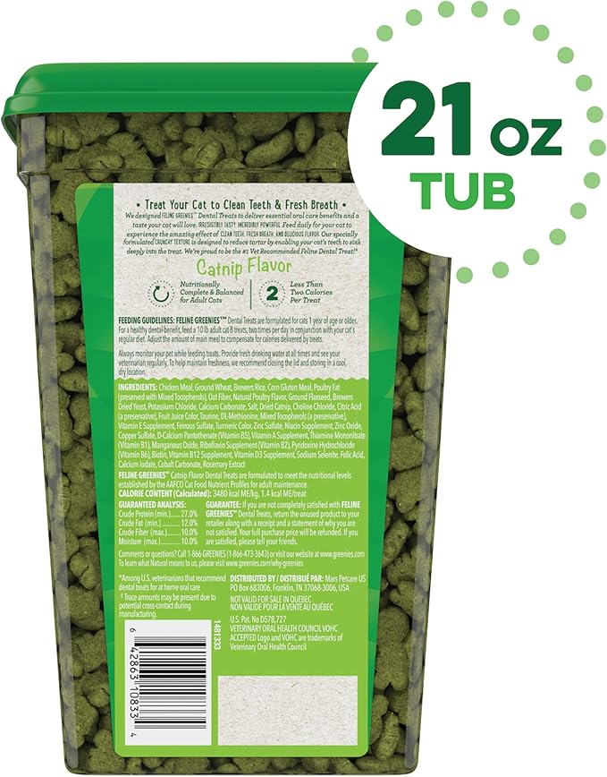Greenies Feline Dental Cat Treats, Catnip Flavor, 21 oz. Tub